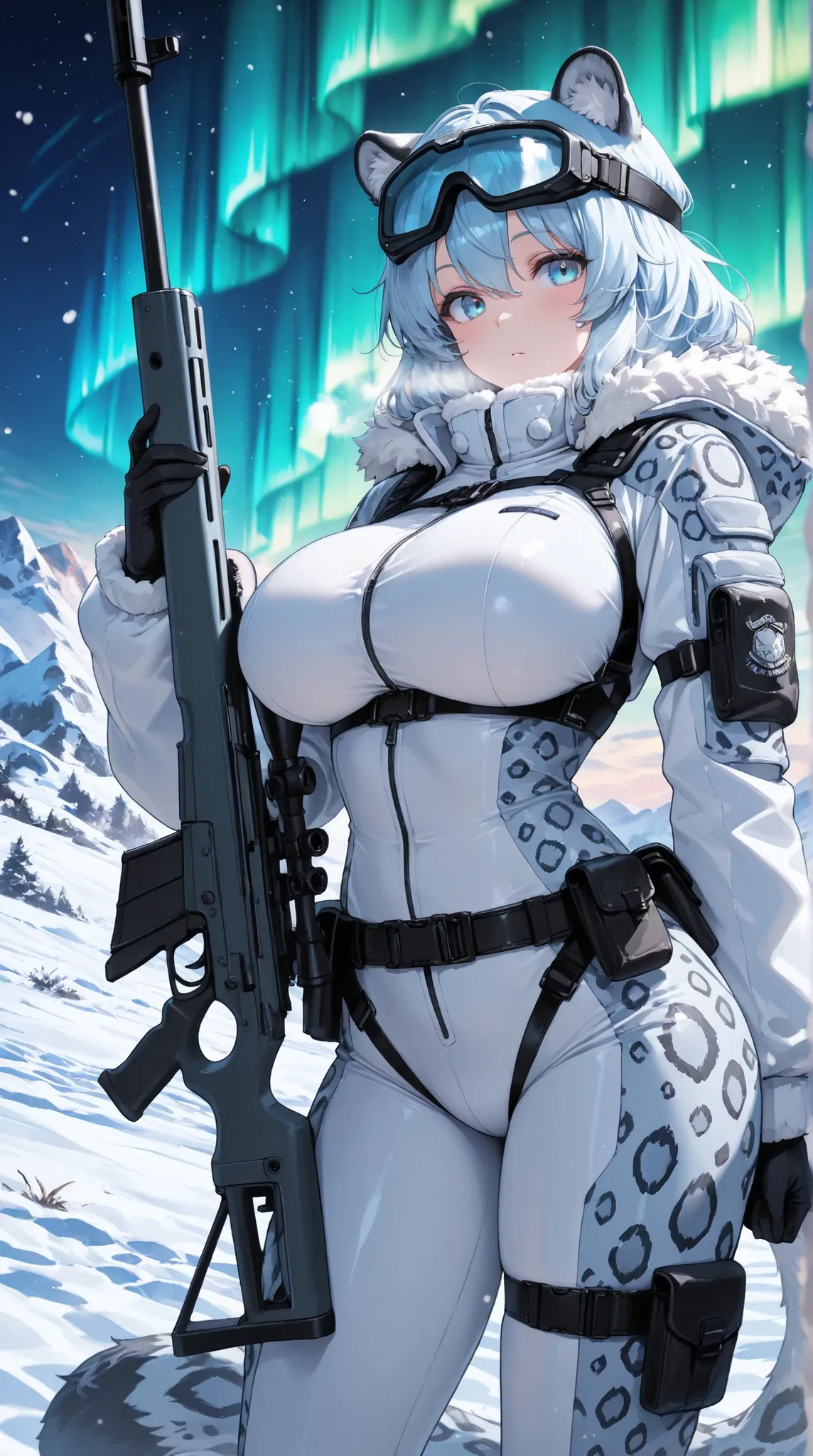  masterpiece,best quality,1 Girl,  Ice Blue Eyes , Snow leopard ears , sniper rifles, Glacier caves, aurora, Snow, thermal goggles，((Big breasts))