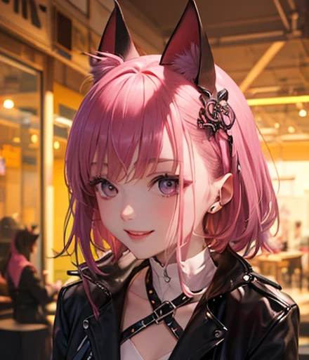 8K Pretty Girl Original Face Purple and Pink Hair Color Straight Hair Asymmetric Barrier Gothic Rock Leather Clothes Cat Ears Leather Jacket Smile