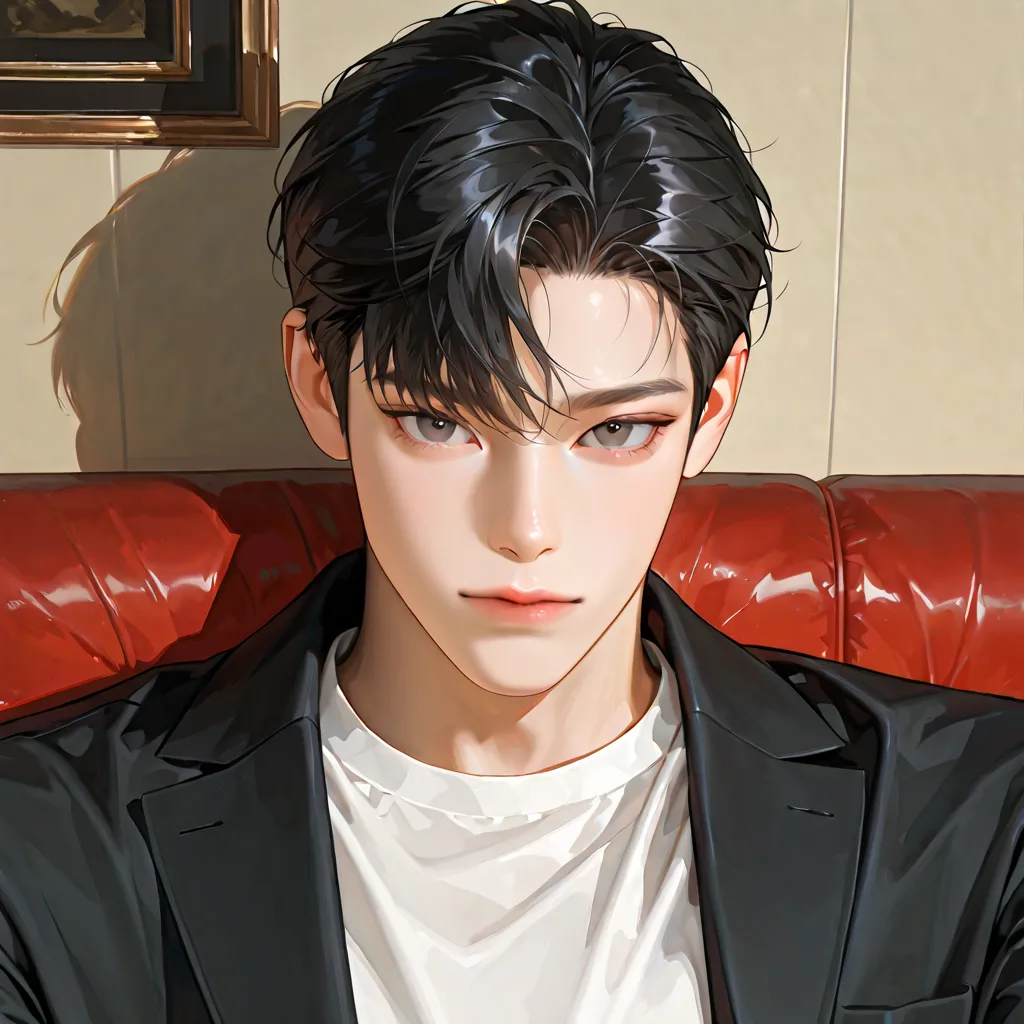 handsome,  sitting , sitting on the sofa, (((upper body))), black hair,  1 man with a gun,  short hair, dark black hair,  male-centered, sharp, sharp, handsome man,  Korean Comic Style  ,  semi-realistic art  ,  semi-realistic art  style, expressive brushw...