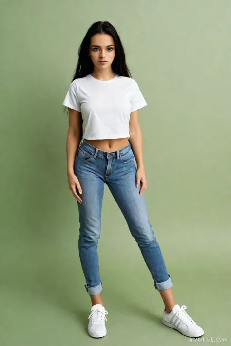 , a beautiful woman with black hair and semi-long hair model figure, strong eyes。In a plain white t-shirt、Natural jeans。 white sneakers。Photorealistic。HIGH QUALITY。have a solid green background。The camera shows up to her feet。