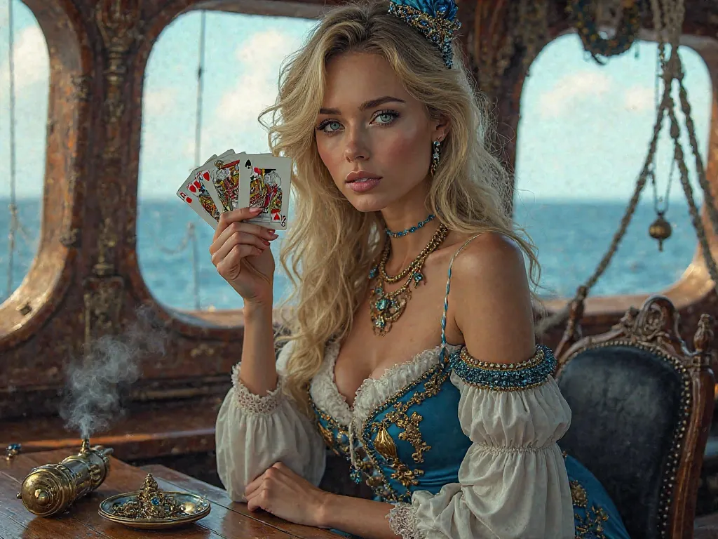 Beautiful woman with blonde wild hair, light blue eyes, in one hand with playing cards with golden ornament on the back. With blue ornaments on the clothes and steampunk accessory for head. She is in cabine on pirate  ship. Behind her is ship's window with...