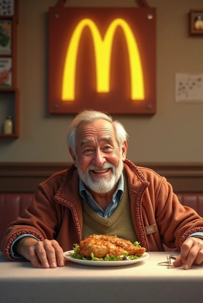 at a McDonald's fast food cafe on the emblem, the letter "n", there is baked chicken and Olivier salad on the table, an elderly happy man is sitting at the table