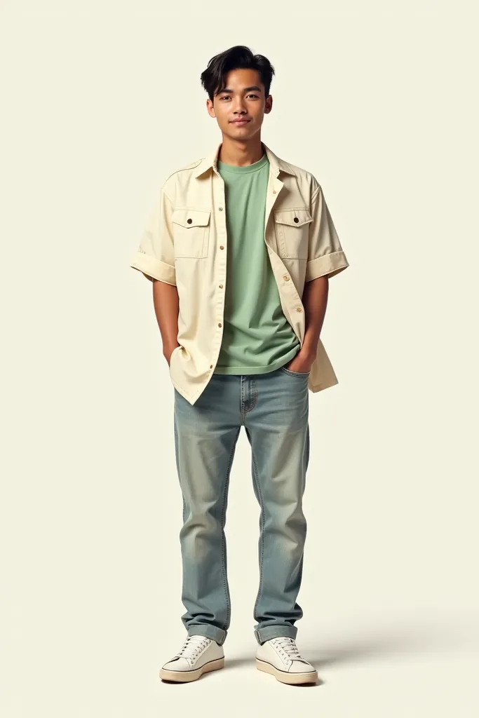 Young man, filipino, off white overshirt, light green crew neck t-shirt, light wash jeans, white sneakers