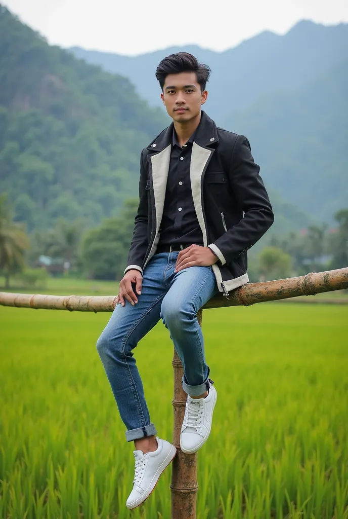 a handsome guy clean white indonesian short hair black,wearing black and white jacket,put on jeans , white shoes,sitting on a bamboo pole,rice field and mountain background,real poto hd  