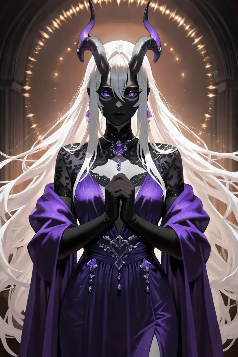 A beautiful woman with white hair, short horns, black skin, white eyes, wearing a white mask covering face, wearing black and purple dress, black gloves, 