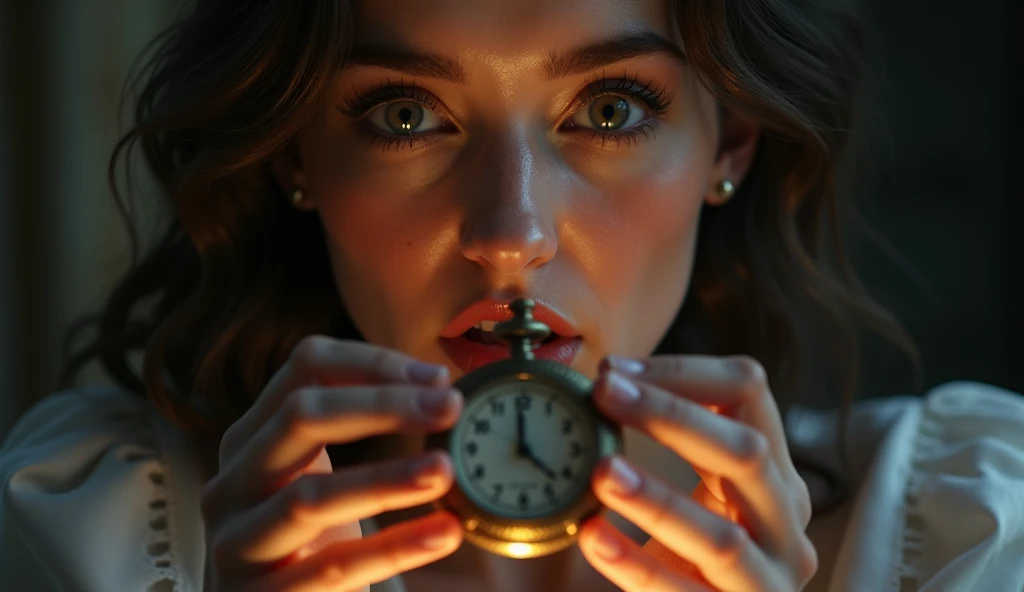 Close-up of Laura's shocked face as she holds the mysterious pocket watch.