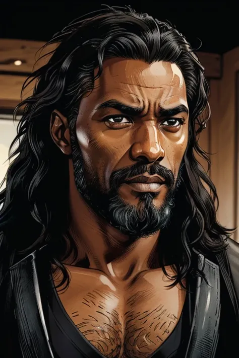 A handsome and well-built African American male whose facial features are a combo of Isaiah Mustafa + Idris Elba + Jason Momoa + D.B. Woodside. The male has long and loose black hair like a lion's mane. The male sports an impressive beard. The male has dar...