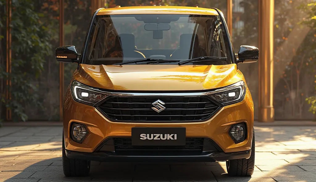 New Model New Design 2025 Tata Sumo Gold  shiny gold  exterior Front Side view Suzuki logo Front plate Display Carry Van Ultra HD Realistic Luxurious Showroom