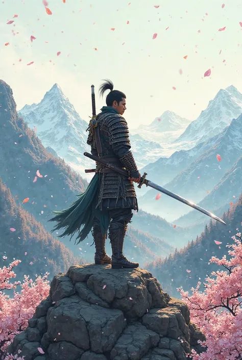 a swordsman looking to mountain while sakura falling 
