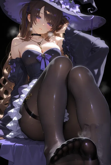 1girl,aruhshura,


DAHT, 1girl, solo,,head tilt, ,parted lips,
 ,witch hat, hat flower, purple eyes, very long hair, ,looking at viewer,brown hair, purple bow,wide sleeves,key necklace, medium breasts, ascot, black choker,frills,strapless dress, bare shoul...