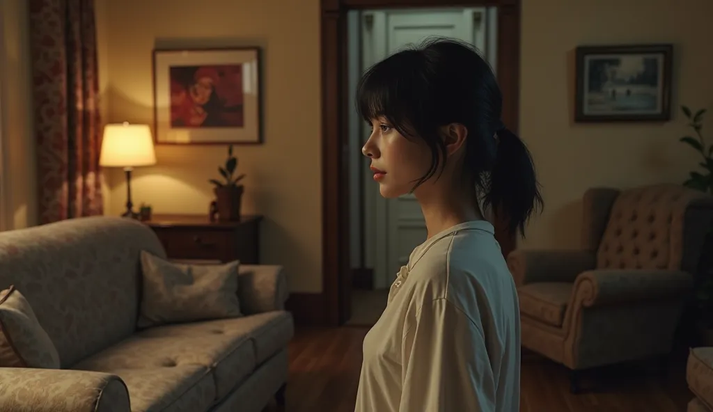 Laura standing frozen in the living room, gazing toward a distant, shadowed hallway.