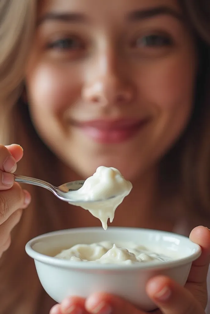 Generate an image of (A person spooning yogurt with a happy, satisfied look.) The image should be eye-catching,

vicious, intense, cinematic, and vibrant. Make sure the image grabs attention instantly.[image size is 9:15]

