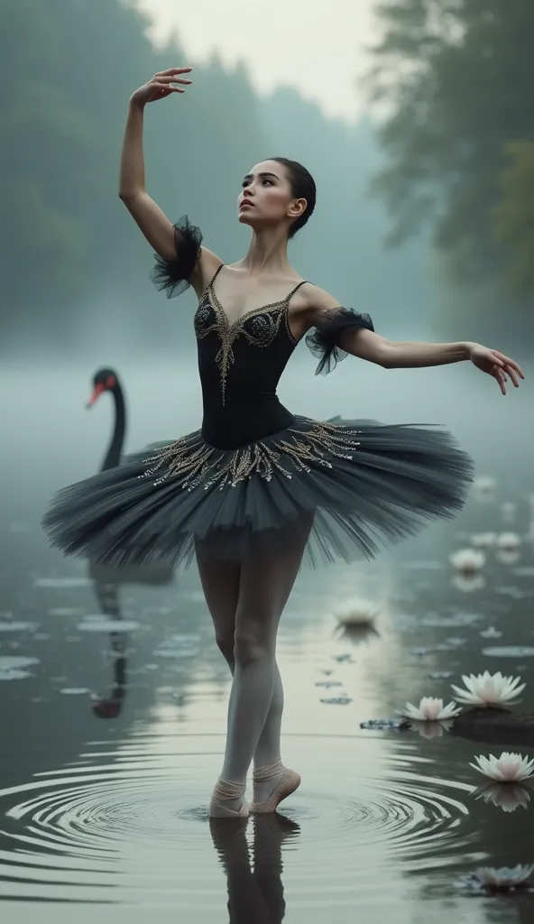 A young female ballerina, effect depicted in dark grey ballet suit with a black and white pattern in the "Swan Lake".  A girl with expressive facial features,  and European appearance, in the pose typical of ballet, with a raised hand.  Her eyes are focuse...