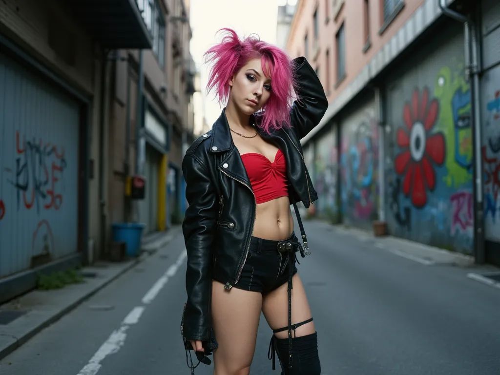 Kasia Sienkiewicz as a striking female punk with vibrant, brightly colored hair and bold makeup, posing confidently in a gritty urban setting, medium shot, captured with a 35mm lens from a low angle, featuring high contrast lighting, hyper detailed, vibran...