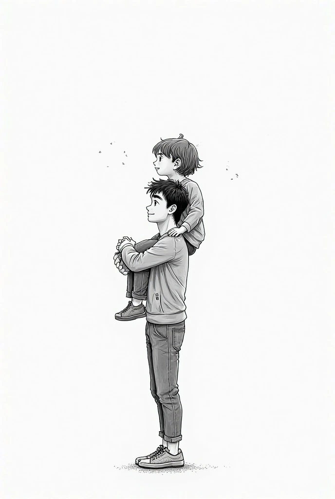 A black and white drawing of a young man holding a  on his shoulders, While holding hands with another  and they look happy in profile
