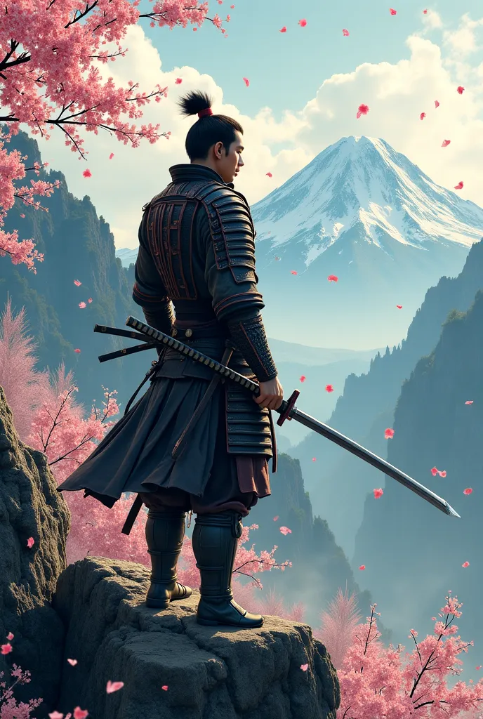 a swordsman looking to mountain while sakura falling 
