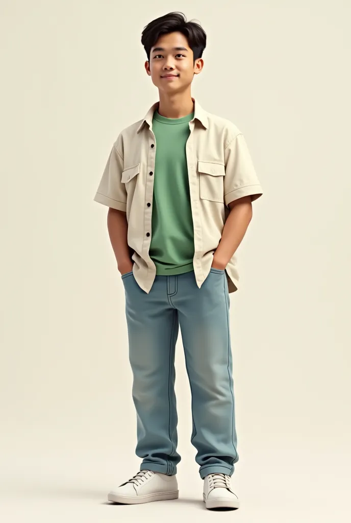 Young man, filipino, off white overshirt, light green crew neck t-shirt, light blue wash jeans, white sneakers