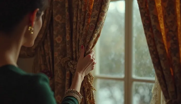 A close-up of Laura's hand pulling back the heavy curtain of a living room window.