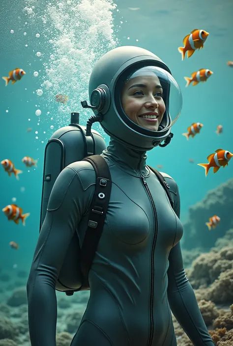 (masterpiece:1.2,Distinguished Quality,Mirror-like,Cinematic Experience),8k,wallpaper,,(A beautiful woman wearing a gray latex space body fit suit with oxygen tank for underwater exploration interacts with very beautiful Tropical fish clownfish of various ...