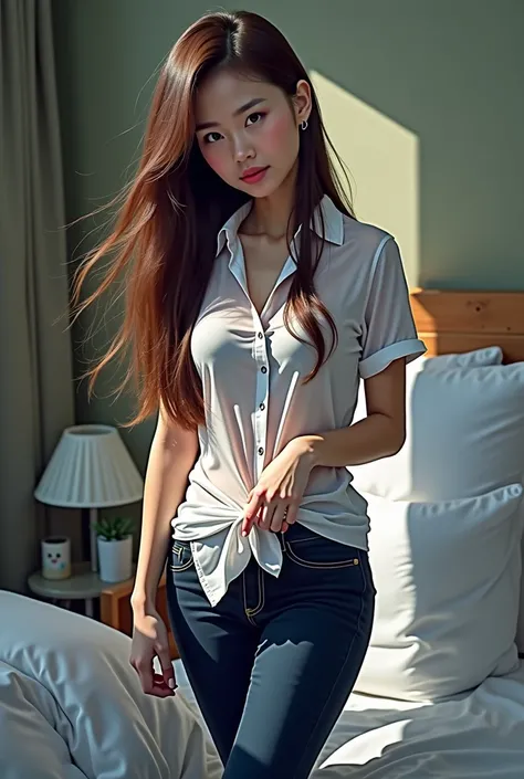  Korean girl, 150 cm tall ., C cup breast,  without pants , Not wearing a bra,  Transparent White Shirt ,  in bed (((Hold the chest with one hand and separate the legs..)))