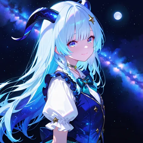 1 girls, solo, Capricorn, goat horns, very light blue hair, long hair, down hair, small single braids, bangs parted in seven-three parts, star hair pin, light blue eyes, smile, closed mouth, blue clothes, puff sleeves, short sleeves, white shirt, blue vest...