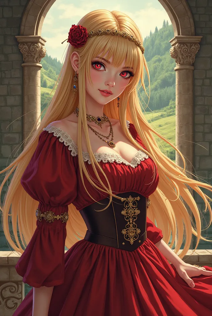 Make a medieval woman in anime, with long blond hair and red bangs, and red eyes 