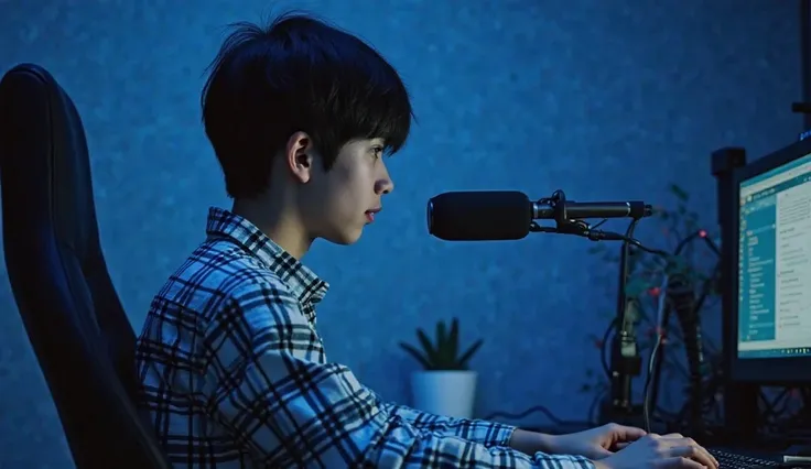 A 20 year old is sitting in front of a computer desk with a mic and a laptop.He is wearing a white and black checked shirt and black hair Against a blue dark themed background  