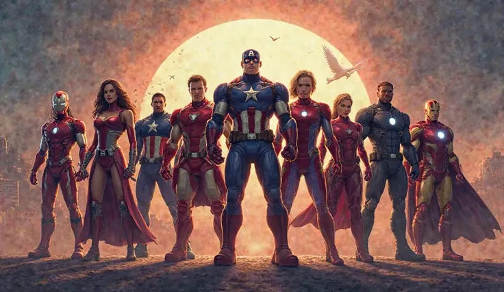 "Create a powerful, cinematic illustration of the Avengers standing united in a dramatic formation. They should be poised for action, their respective iconic gear and costumes gleaming under a bright, heroic sky. The background should feature a grand citys...