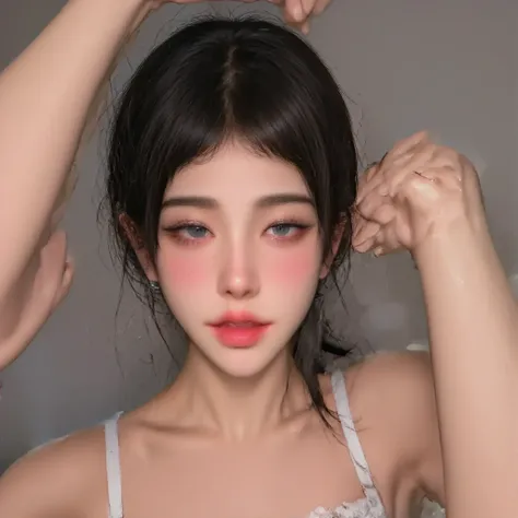   multicolor wig  , long and smooth wh8te tone  hair ,  bright and expressive red eyes , slim and firm body, has big breasts. booties, Home setting , bedroom, Candle, pretty eyes , , alone, really,  Premium , photoreallyistic, 걸작, 8k, alone, HD Face, soft ...