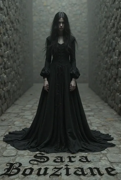 Send a real girl wearing Victorian clothes in black. Her hair is long to a black knee. Her face is completely invisible. Most importantly, Sara Bouziane is written in stones