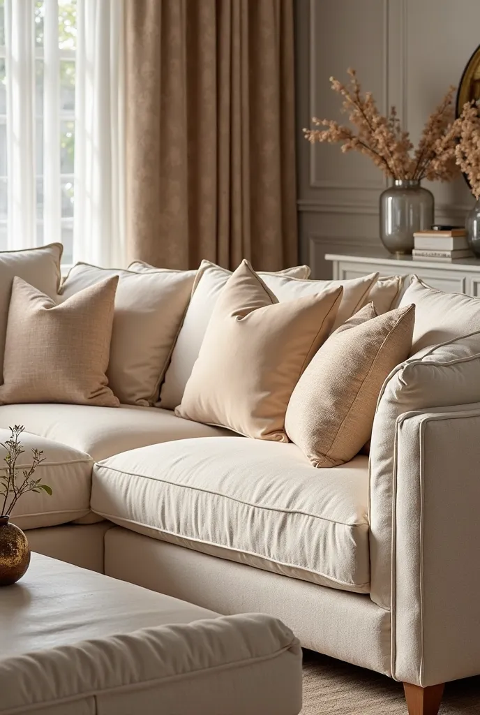 Transform your living room with this chic and cozy cream-colored sofa, accented with plush decorative pillows. A perfect blend of comfort and style for a luxurious home.