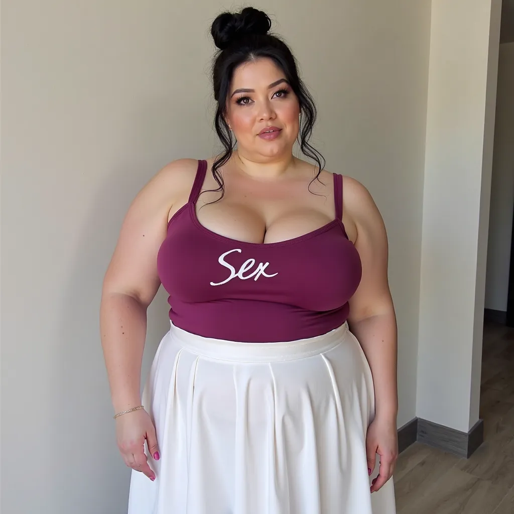 Very very White curvy plump milf very curvy  voluptuous milf 40 years lady wearing  Sexy tight form fitting magenta cami tops and a white full skirt in front of a wall . Sex or Sex written on her tops. celavage.  Real photo,  realism. Huge boobs with huge ...