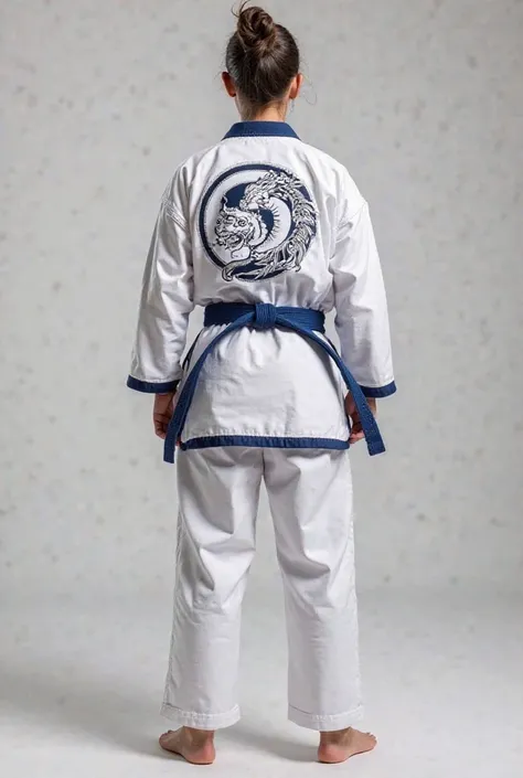 We create an image of a karate uniform that is white but that has navy blue edges with baby rose, That said uniform also has a logo that will be on the back (this has to be of a dragon with a white tiger together and like air around it) and the uniform has...