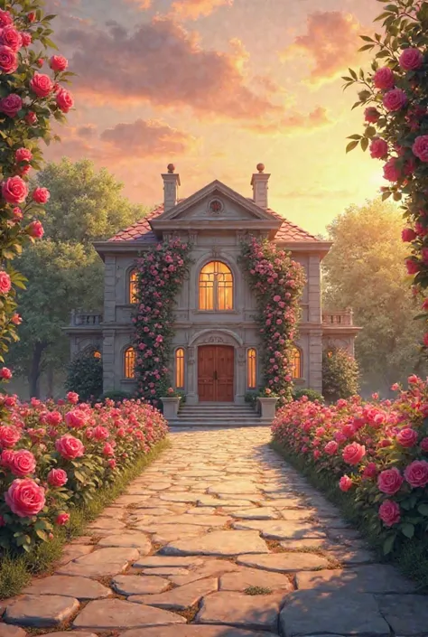 "Create a Pokémon, set in a large chic farm during sunset. The farm must be imposing, style setting with classic and elegant architecture, with large windows and doors, and a well-kept façade. In front of the farm, add a flowery garden with lots of climbin...