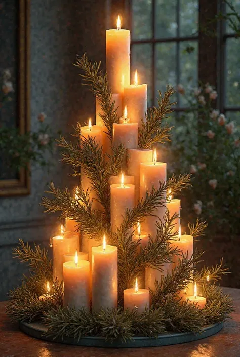 Christmas pine made with candles of different sizes decorated with rosemary branches with an esoteric approach 