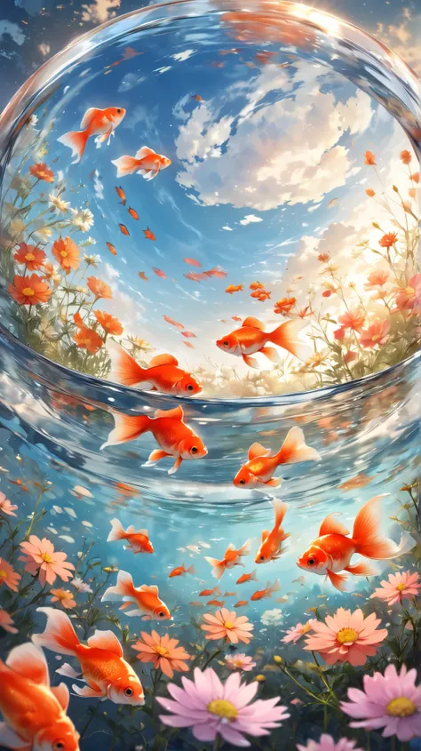 best quality, masterpiece, (from above)、(Goldfish swimming in a large fishbowl)、The beautiful blue autumn sky and cosmos flowers are reflected in the fishbowl、water surface、watercolor