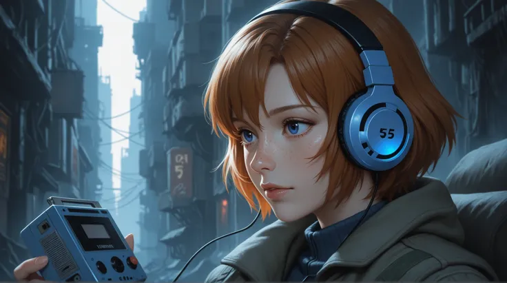 A stunning portrait of a woman with striking blue eyes listening to music with a set of futuristic custom inear headphones and a Sony Walkman cassette, dressed as an evangelion pilot in an abandoned futuristic city, soft natural lighting, intricate skin de...