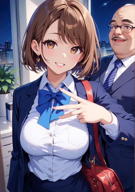 ,Selfie,nsfw,office lady,one girl,short hair,straight hair ,brown hair,brown eyes,swept bangs,white shirt, dark blue skirt, dark blue blazer,walk,bag,night, downtown,fat old man,Selfie