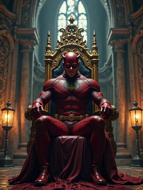 "Create a dark, atmospheric throne room with gothic and steampunk influences. A powerful figure sits on an ornate throne, exuding an aura of authority and mystery. The character is Daredevil, wearing his iconic red suit with a textured, battle-worn appeara...