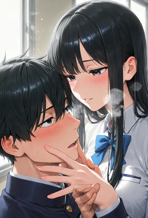 high school girl、uniform、caress、long black hair、long black hairのhigh school girl、 student council president 、uniform、ashamed、blush、Lower your eyes、Disturb your breath、 dyes her cheeks、Intertwine your fingers、Close Contact、Gentle Hands、male