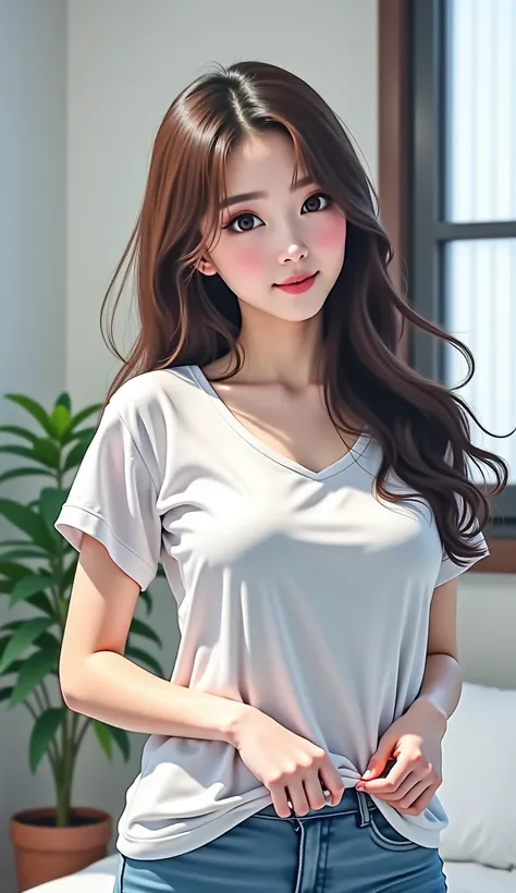  Korean girl, 150 cm tall ., C cup breast,  without pants , Not wearing a bra,  Transparent White Shirt ,  in bed (((Hold the chest with one hand and separate the legs..)))