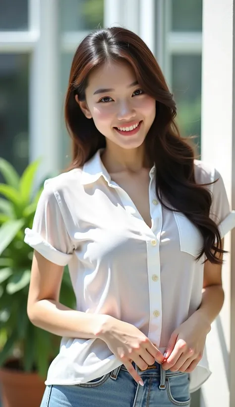  Korean girl, 150 cm tall ., C cup breast,  without pants , Not wearing a bra,  Transparent White Shirt ,  in bed (((Hold the chest with one hand and separate the legs..)))