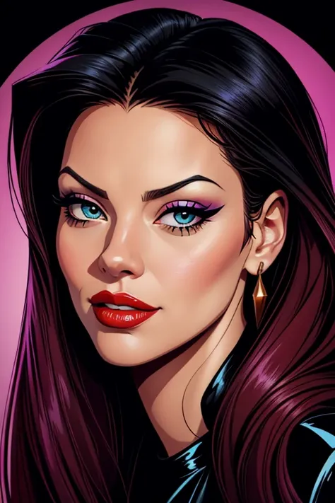 A portrait of a beautiful female whose facial features are a combo of Aria Giovanni + Mariah Carey. The female's hair is untied and hangs loose. The female wears a black dress and black high-heeled shoes. The female has lovely makeup on her face. The femal...