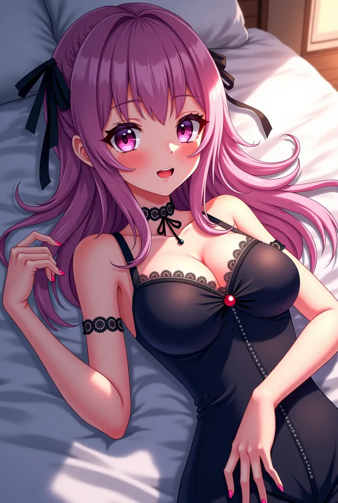 An anime girl with big breasts is lying on the bed, , change in dress, change, bewitching anime girl, Anime Goddess, splash art anime change,   Detailed Key Animation Art  ,  detailed anime art work,  Biomechanical Boobs, Zero-chan art, clean  detailed ani...