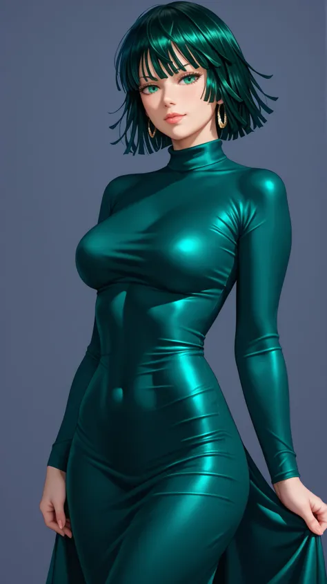 Stunning fubuki one punch man, turtle neck flowing maxi dress, dark green hair, big round ass, cowboy shot from behind , satin