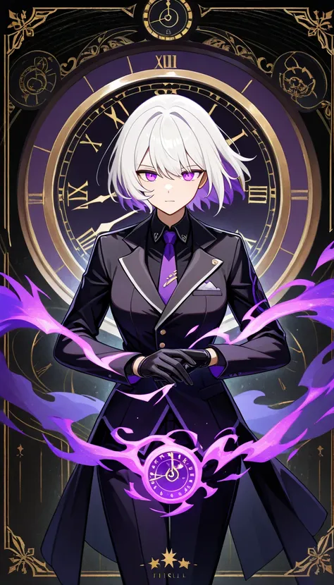  Best Anime 4K Konachan Wallpaper , Firls Frontline, clock、黒 Purple Magic  ,  Purple Magic  , white-haired short-haired woman ,  short hair, Purple eyes, black suit, black shirt and purple tie, black gloves, black hound