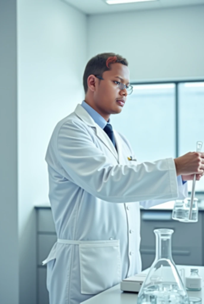 He is chemical scientist. He is wearing a white apron. Background white