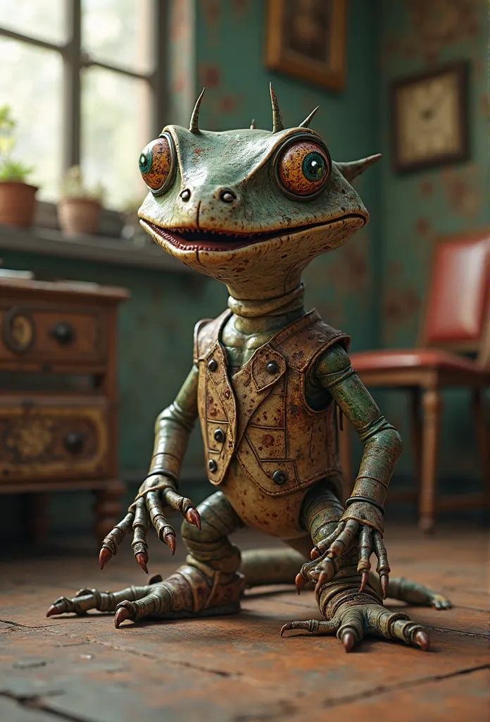 A hyper-realistic, ultra-high-definition 4K render of a bizarre yet charming creature, a vintage lizard made entirely of old, corroded metal. Its body is primarily metal, with a slightly dulled, worn texture, showcasing signs of rust, scratches, and age, g...