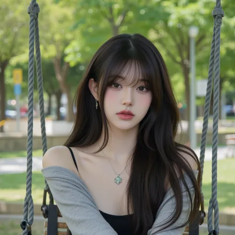 A kpop girl, korean, mid black hair, stunning, unique visual, looks like Jang Wonyoung, gorgeous,  Lucious hair, instagram selfie, cutey, trendy, on park swings in korea 