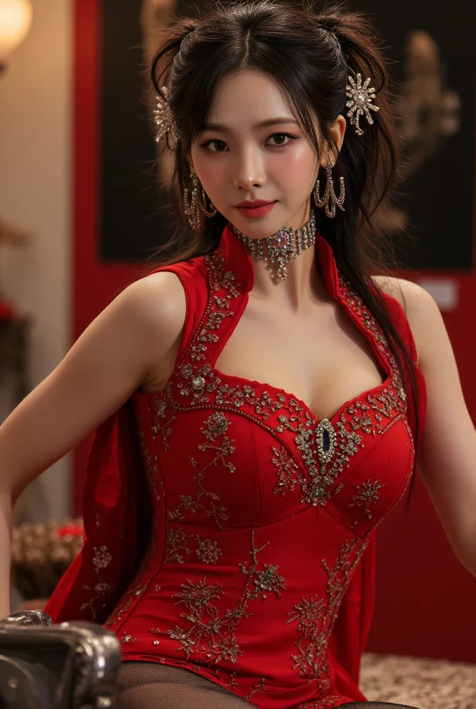 Karina wears red qipao showing her breasts and legs and black stockings